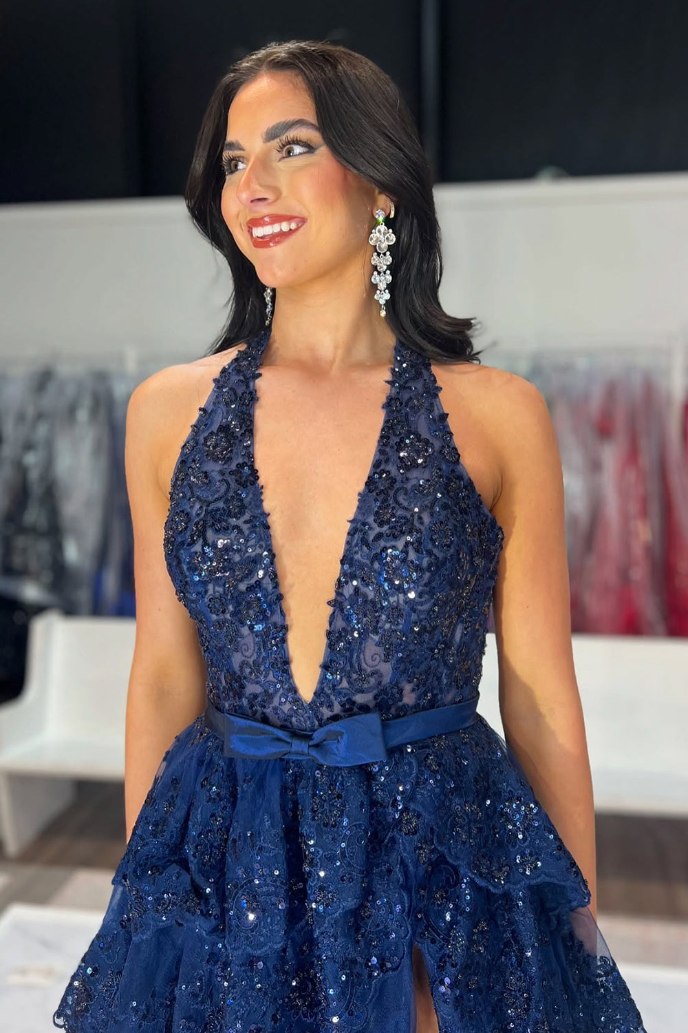 Dreamyannie Ruffled Navy Prom Dress Halter Long Formal Dress With Slit