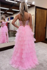 Dreamyannie Ruffled Pink Prom Dress Corset Formal Dress With Slit