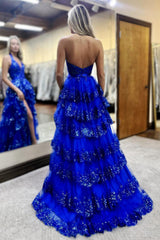 Dreamyannie Ruffled Royal Blue Prom Dress Halter Appliqued Formal Dress With Slit