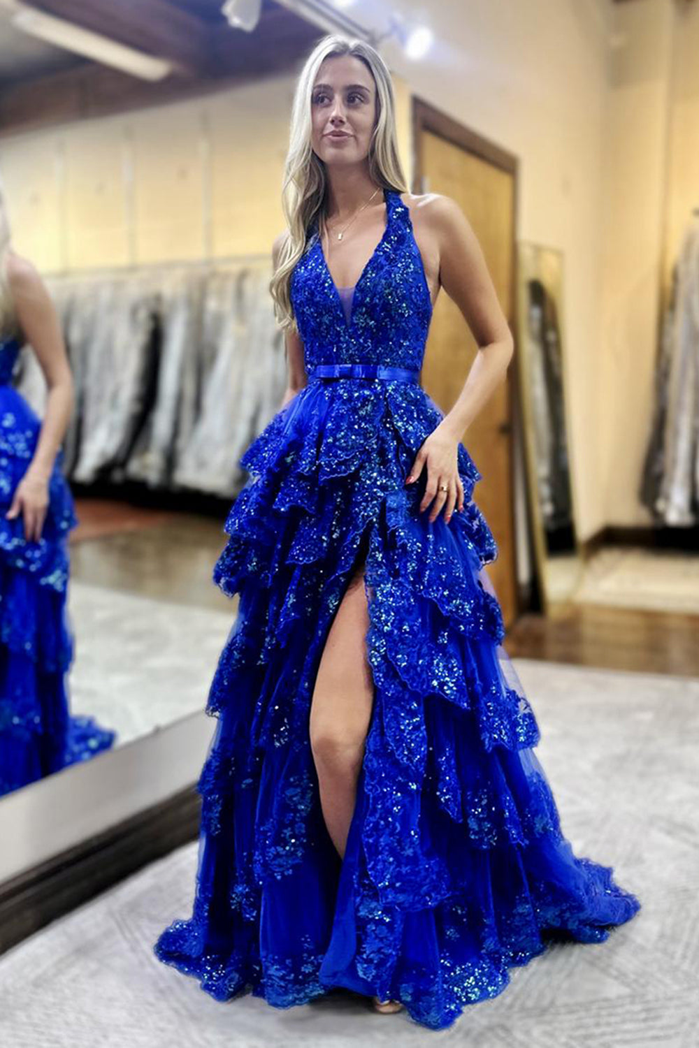 Dreamyannie Ruffled Royal Blue Prom Dress Halter Appliqued Formal Dress With Slit