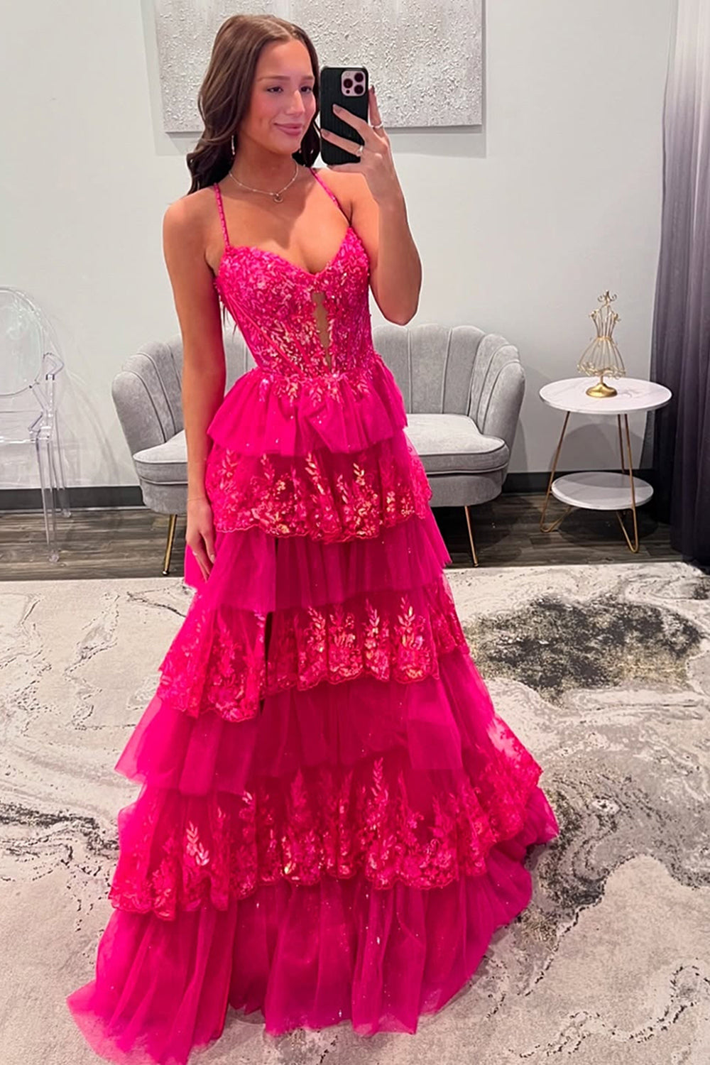 Dreamyannie Ruffled Spaghetti Straps Fuchsia Prom Dress Formal Dress With Appliques
