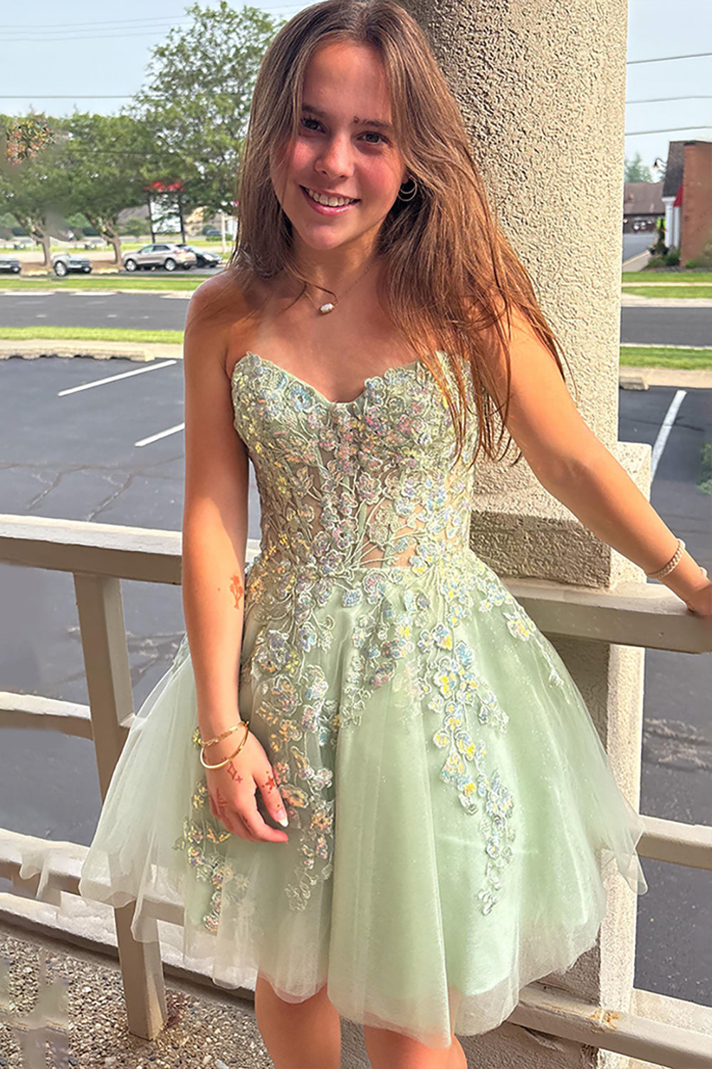 Dreamyannie Sage Appliqued A Line Homecoming Dresses Short Corset Cocktail Dresses