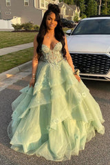Dreamyannie Sage Prom Dress Floral Tiered Ruffles A-Line Sweetheart Corset Long Formal Dress