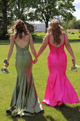 Dreamyannie Sage Prom Dress Mermaid Satin Spaghetti Straps Long Formal Dress With Appliques