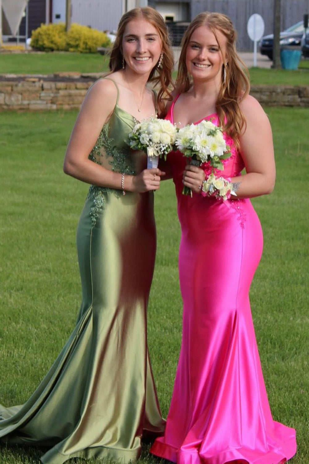 Dreamyannie Sage Prom Dress Mermaid Satin Spaghetti Straps Long Formal Dress With Appliques