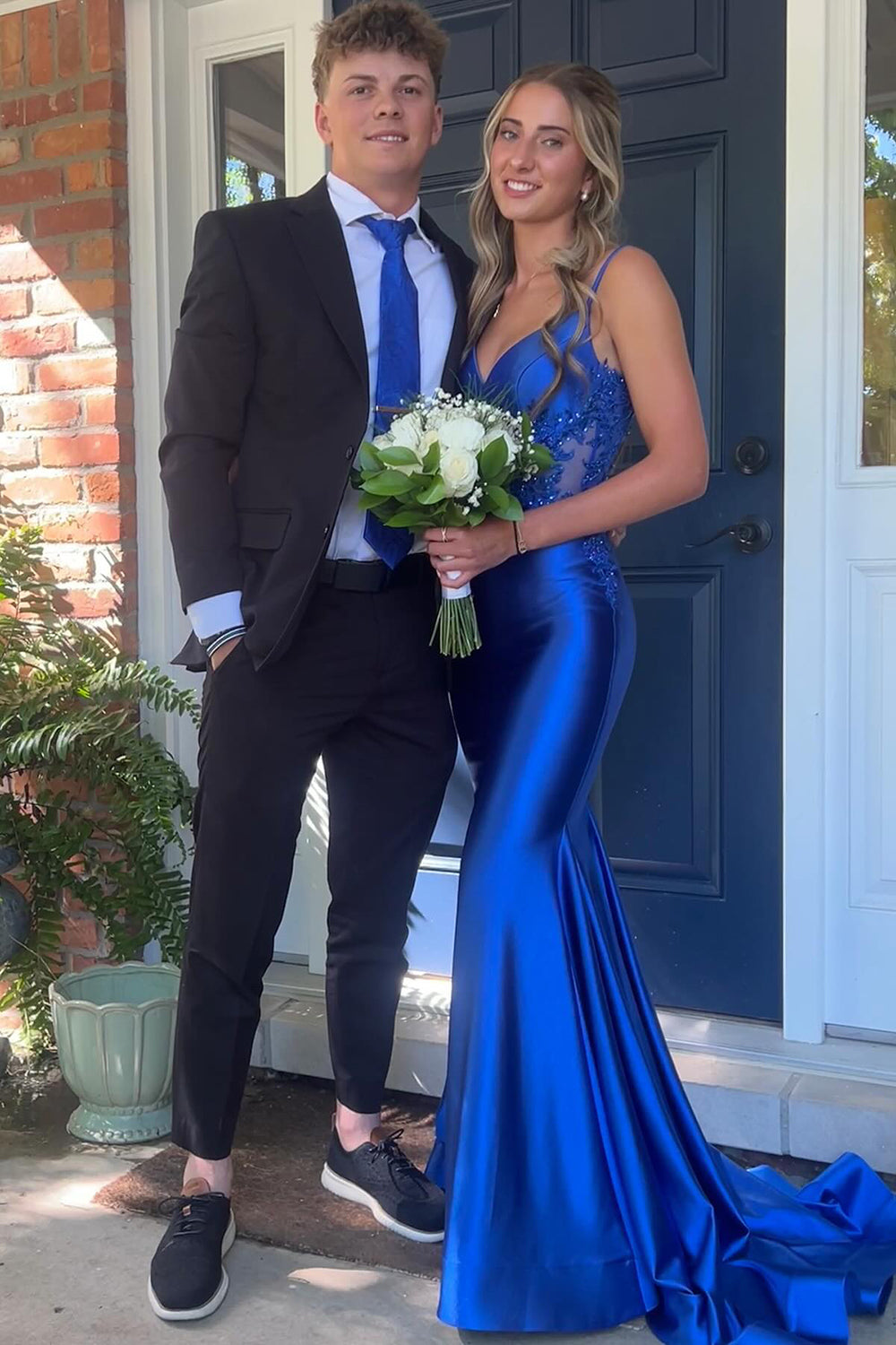 Dreamyannie Sage Prom Dress Mermaid Satin Spaghetti Straps Long Formal Dress With Appliques