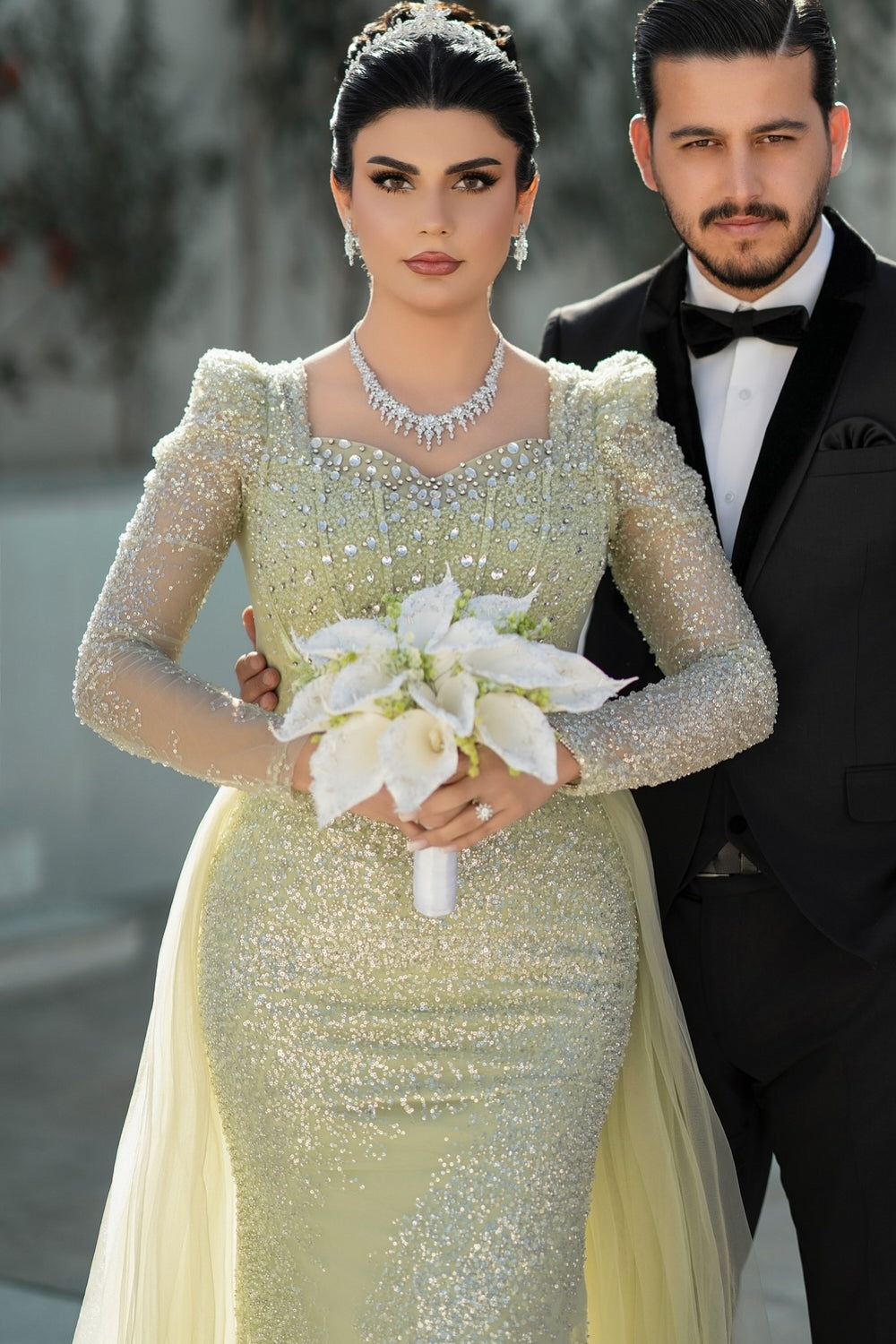 Dreamyannie Sage Prom Dress Mermaid Square Sleeves Sequined Panel Train Tulle Formal Dress With Rhinestones