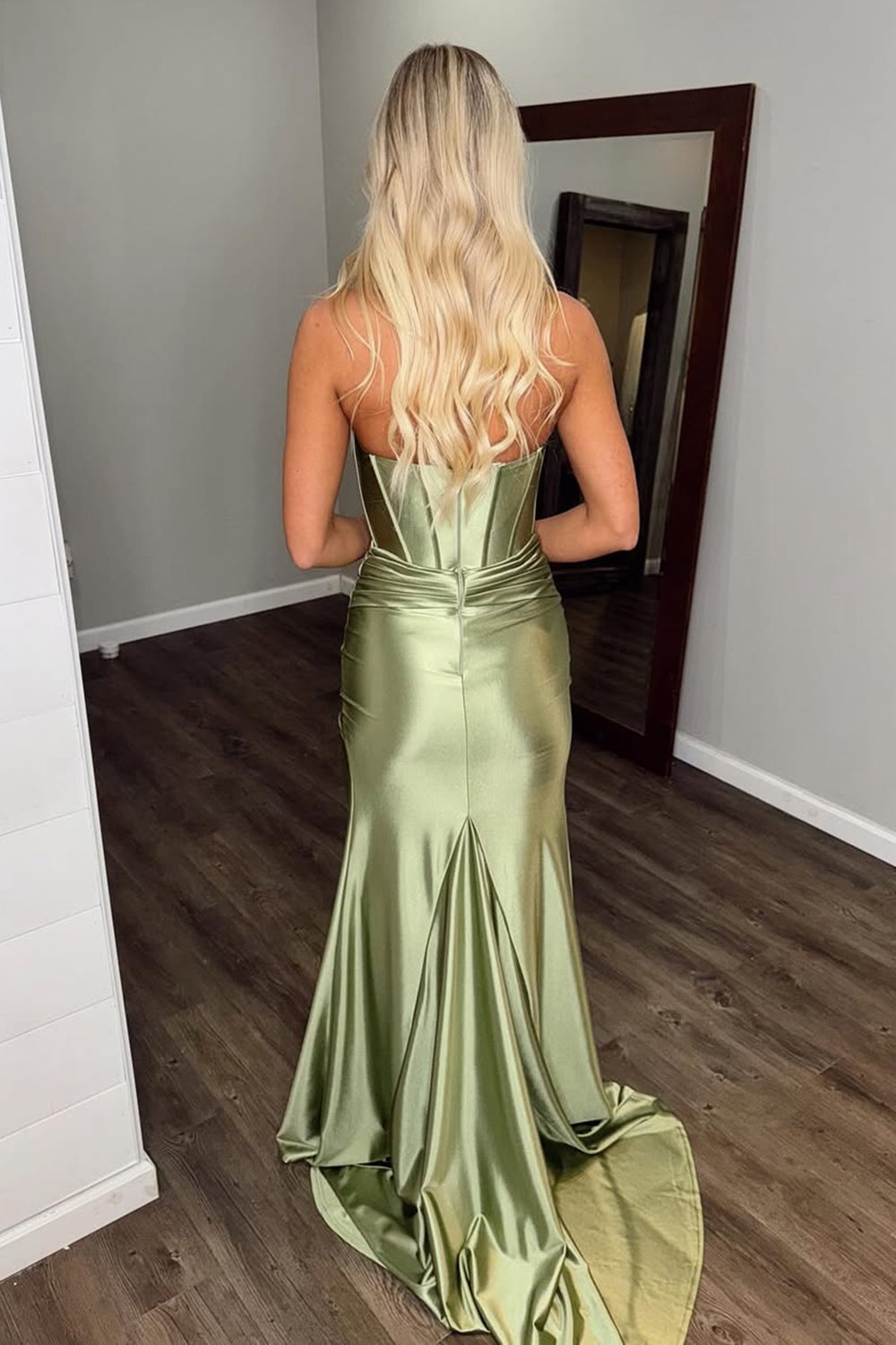 Dreamyannie Sage Prom Dress Mermaid Sweetheart Long Formal Dress With Slit