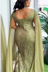 Dreamyannie Sage Prom Dress V Neck Mermaid Lace Beading Formal Dress