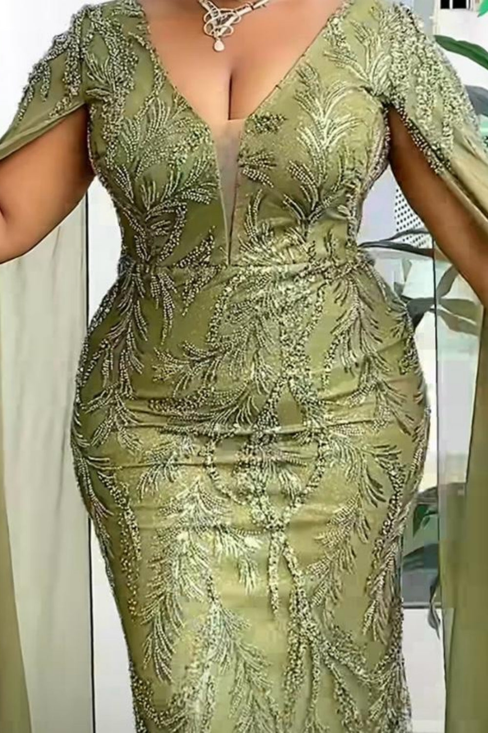 Dreamyannie Sage Prom Dress V Neck Mermaid Lace Beading Formal Dress