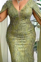 Dreamyannie Sage Prom Dress V Neck Mermaid Lace Beading Formal Dress