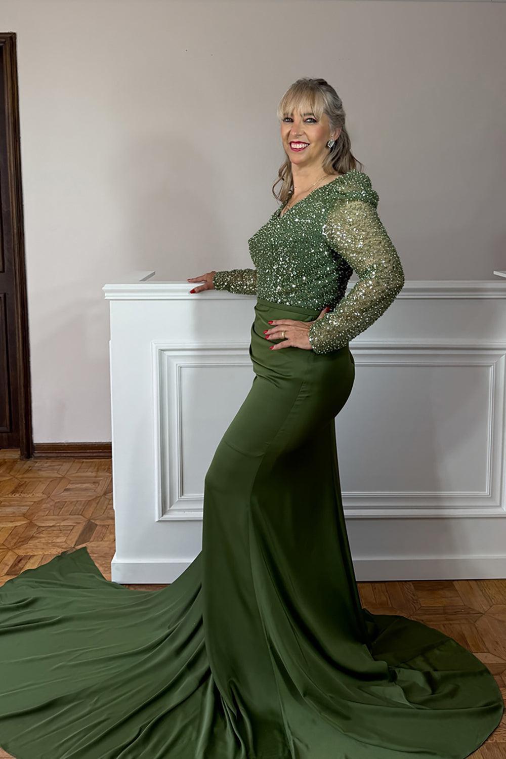 Dreamyannie Sage Satin Beaded Long Mother Of The Bride Dress With Side Cape