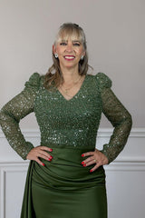 Dreamyannie Sage Satin Beaded Long Mother Of The Bride Dress With Side Cape