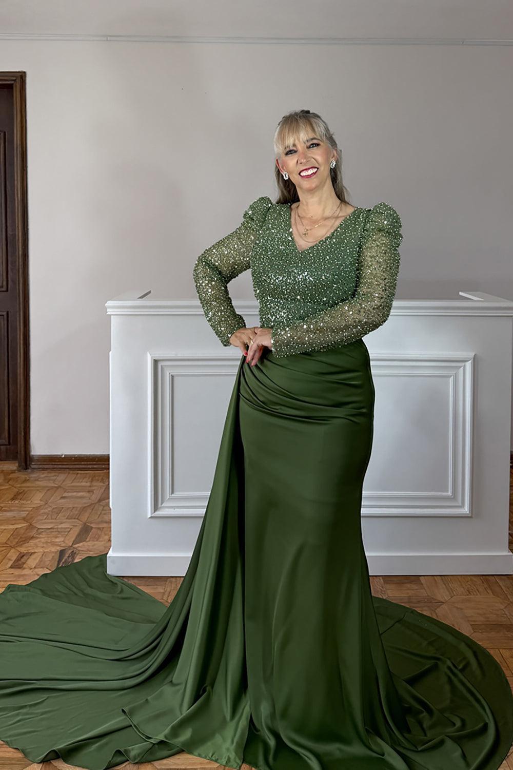 Dreamyannie Sage Satin Beaded Long Mother Of The Bride Dress With Side Cape