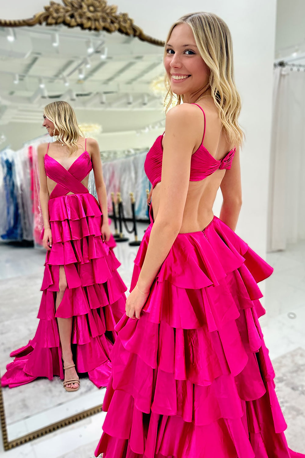 Dreamyannie Satin Blue Prom Dress Ruffled Ruched A Line Long Formal Dress With Slit