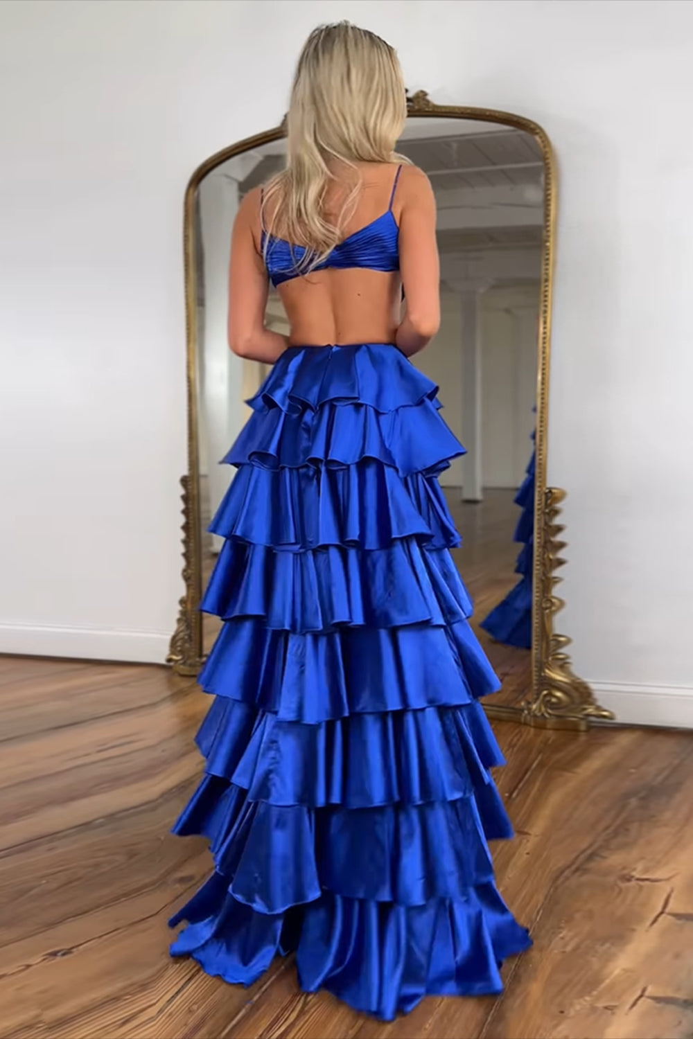 Dreamyannie Satin Blue Prom Dress Ruffled Ruched A Line Long Formal Dress With Slit