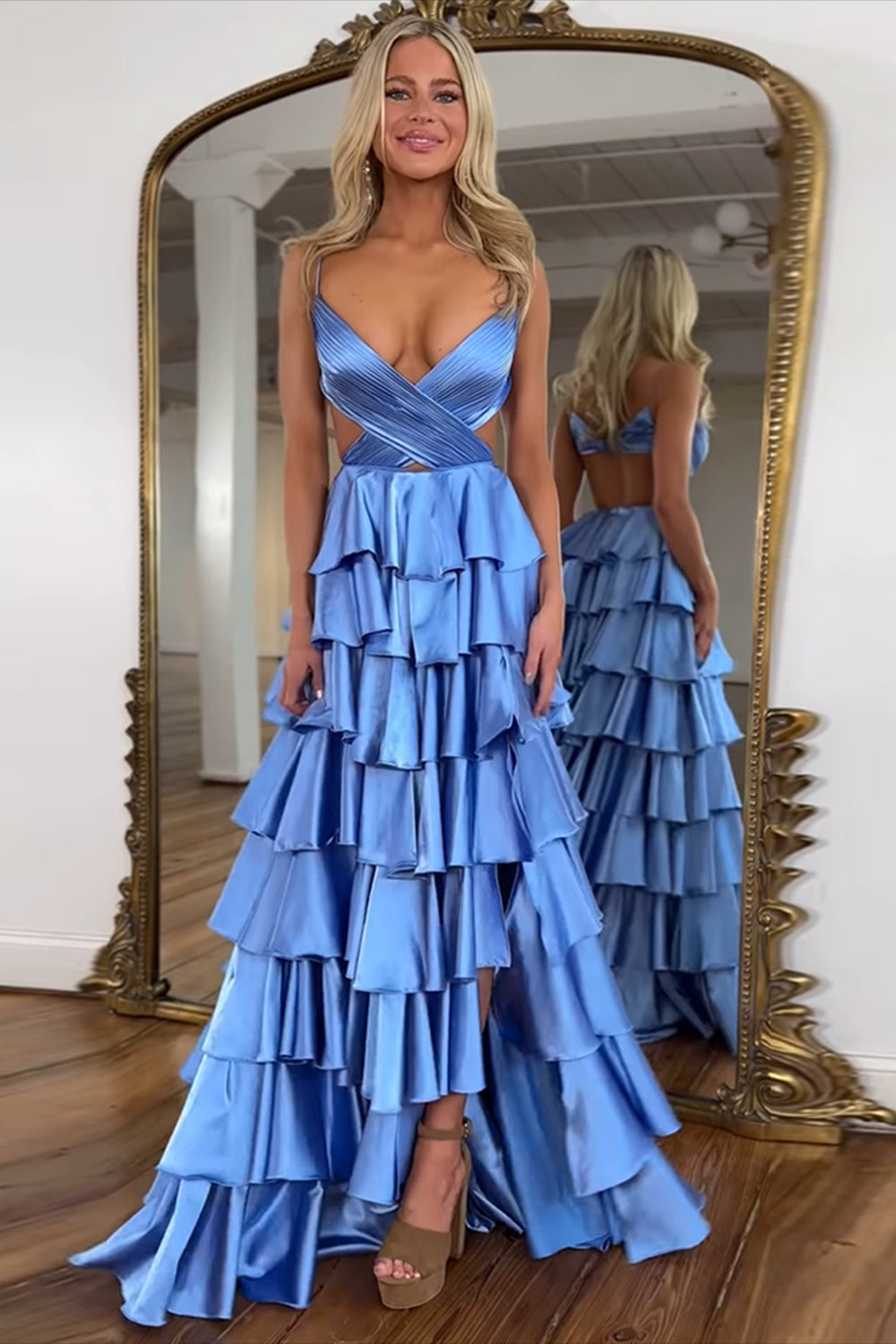 Dreamyannie Satin Blue Prom Dress Ruffled Ruched A Line Long Formal Dress With Slit