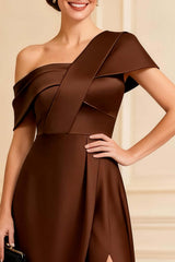 Dreamyannie Satin Chocolate One Shoulder A Line Long Mother Of The Bride Dress With Slit