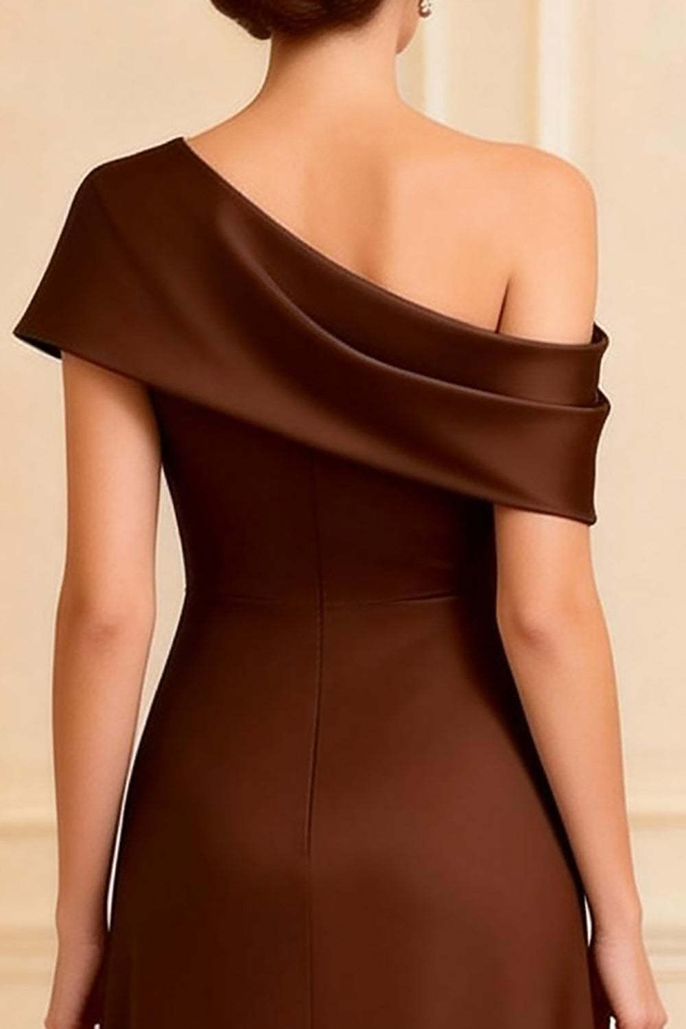 Dreamyannie Satin Chocolate One Shoulder A Line Long Mother Of The Bride Dress With Slit