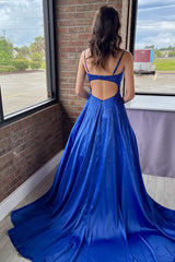 Dreamyannie Satin Royal Blue Prom Dress A Line Formal Dress With Beadings