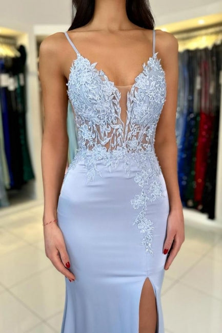 Dreamyannie Satin Spaghetti Straps Prom Dress Sleeveless Formal Dress With Appliques Split