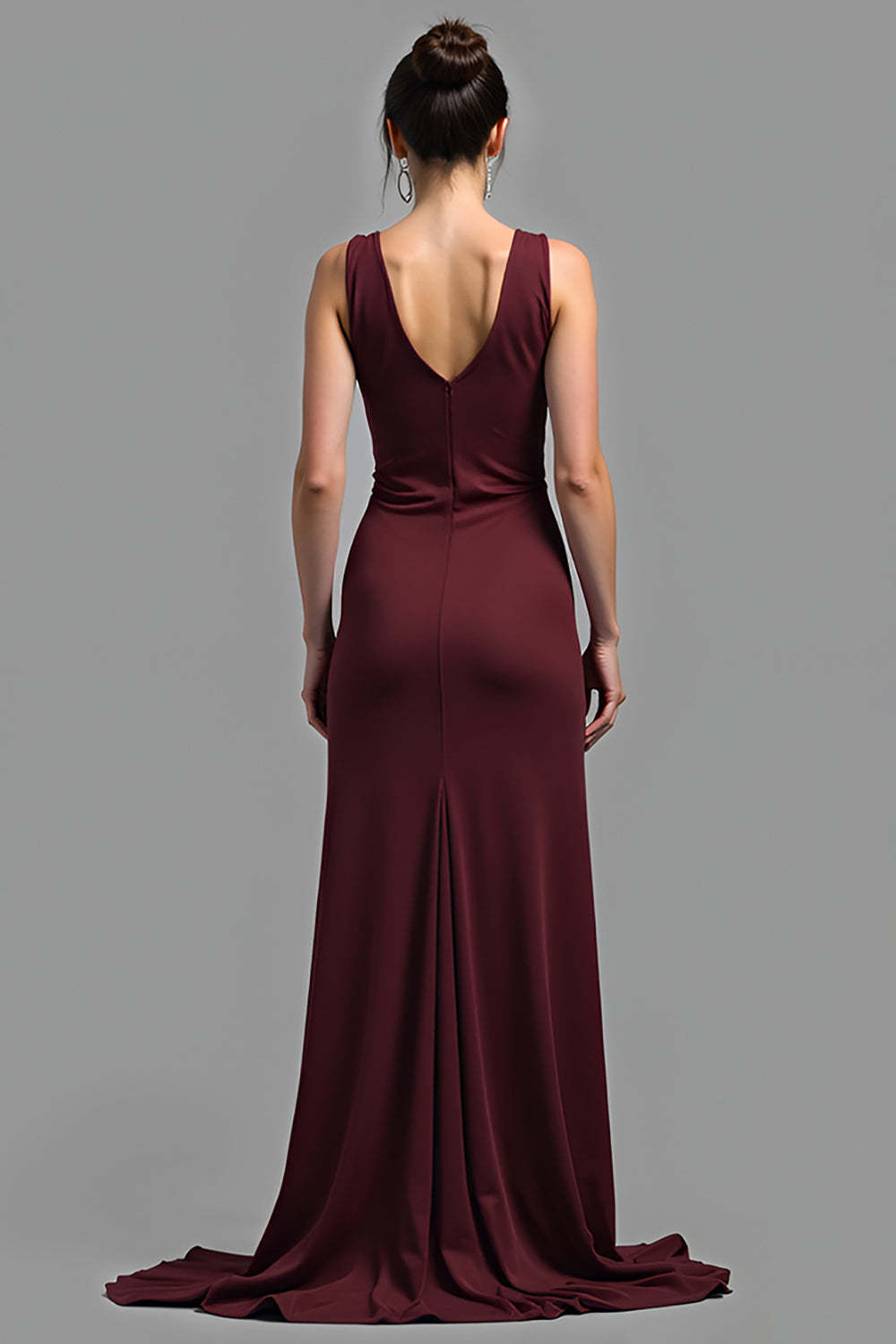 Dreamyannie Satin V-Neck Cabernet Sheath Long Formal Dress