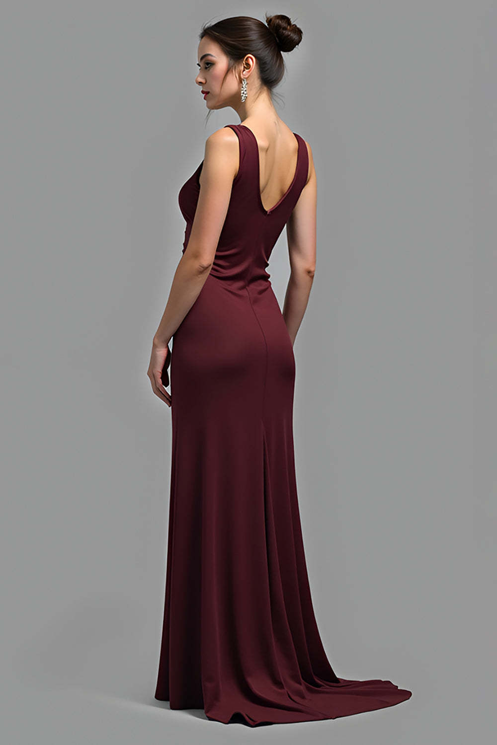 Dreamyannie Satin V-Neck Cabernet Sheath Long Formal Dress