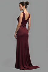 Dreamyannie Satin V-Neck Cabernet Sheath Long Formal Dress