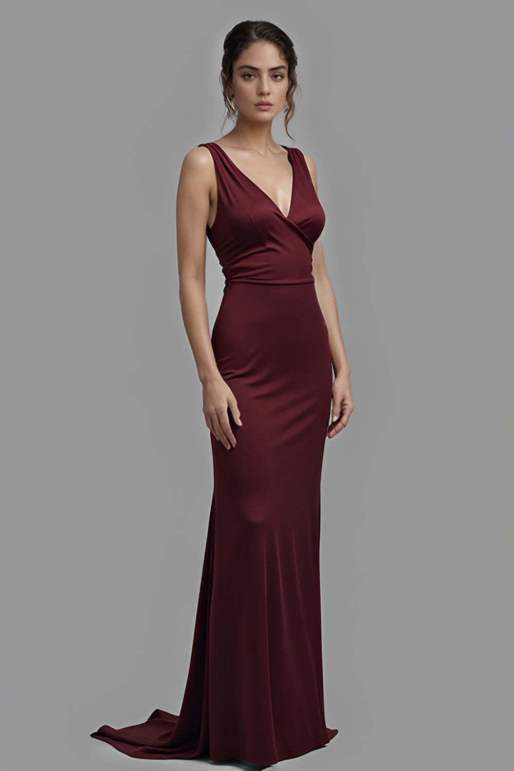 Dreamyannie Satin V-Neck Cabernet Sheath Long Formal Dress