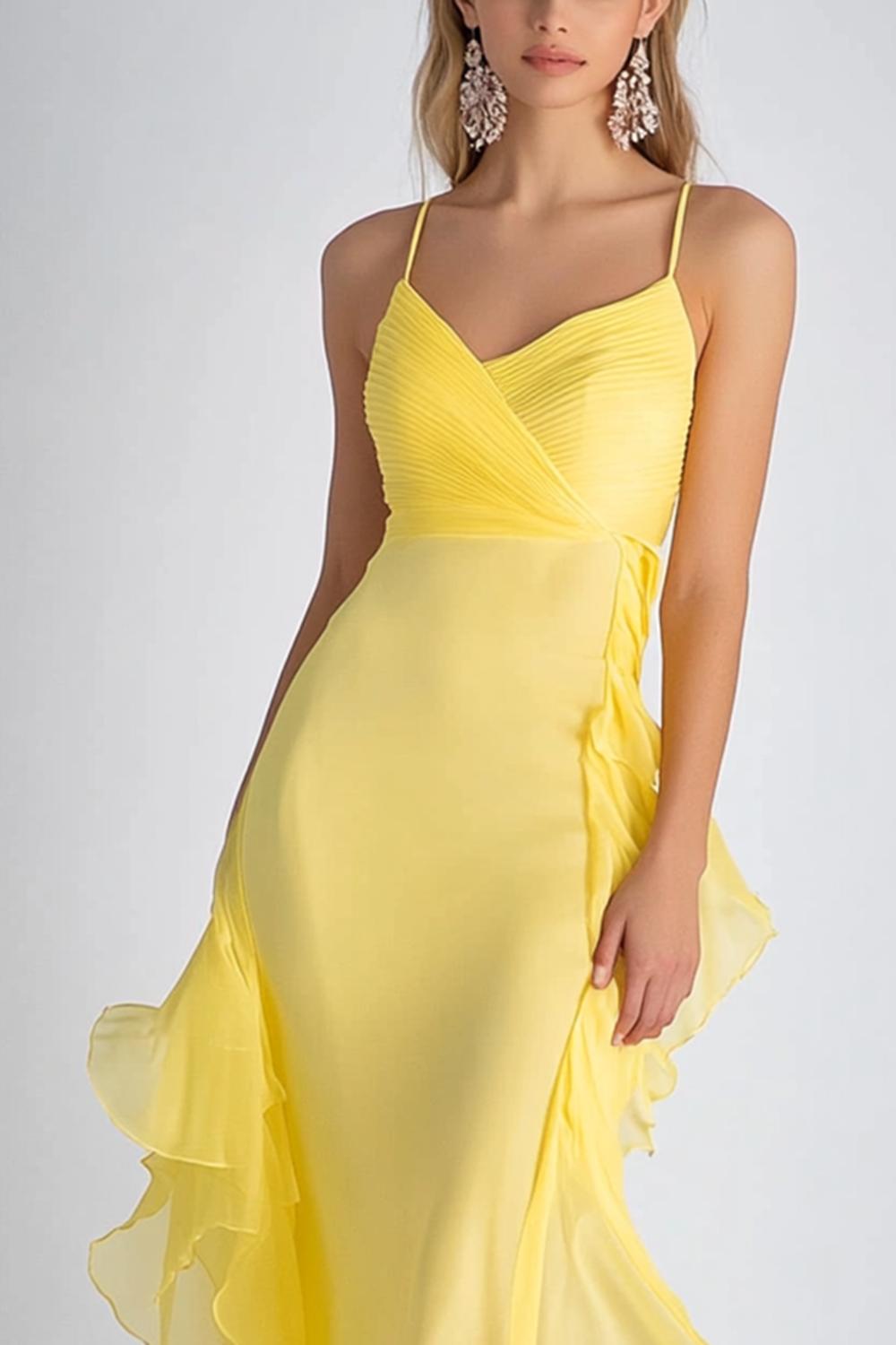 Dreamyannie Sheath Chiffon Light Yellow Spaghetti Straps Long Formal Dress