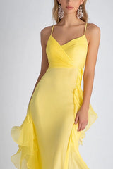 Dreamyannie Sheath Chiffon Light Yellow Spaghetti Straps Long Formal Dress