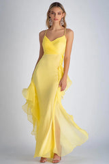 Dreamyannie Sheath Chiffon Light Yellow Spaghetti Straps Long Formal Dress