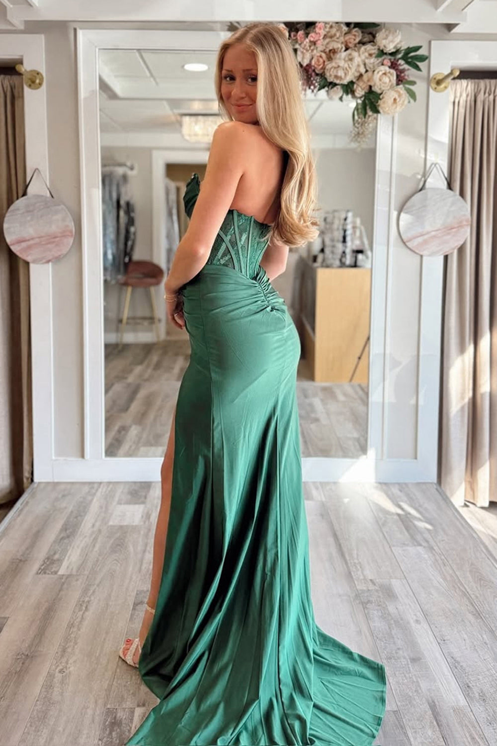 Dreamyannie Sheath Dark Green Prom Dress Corset Satin Formal Dress With Slit
