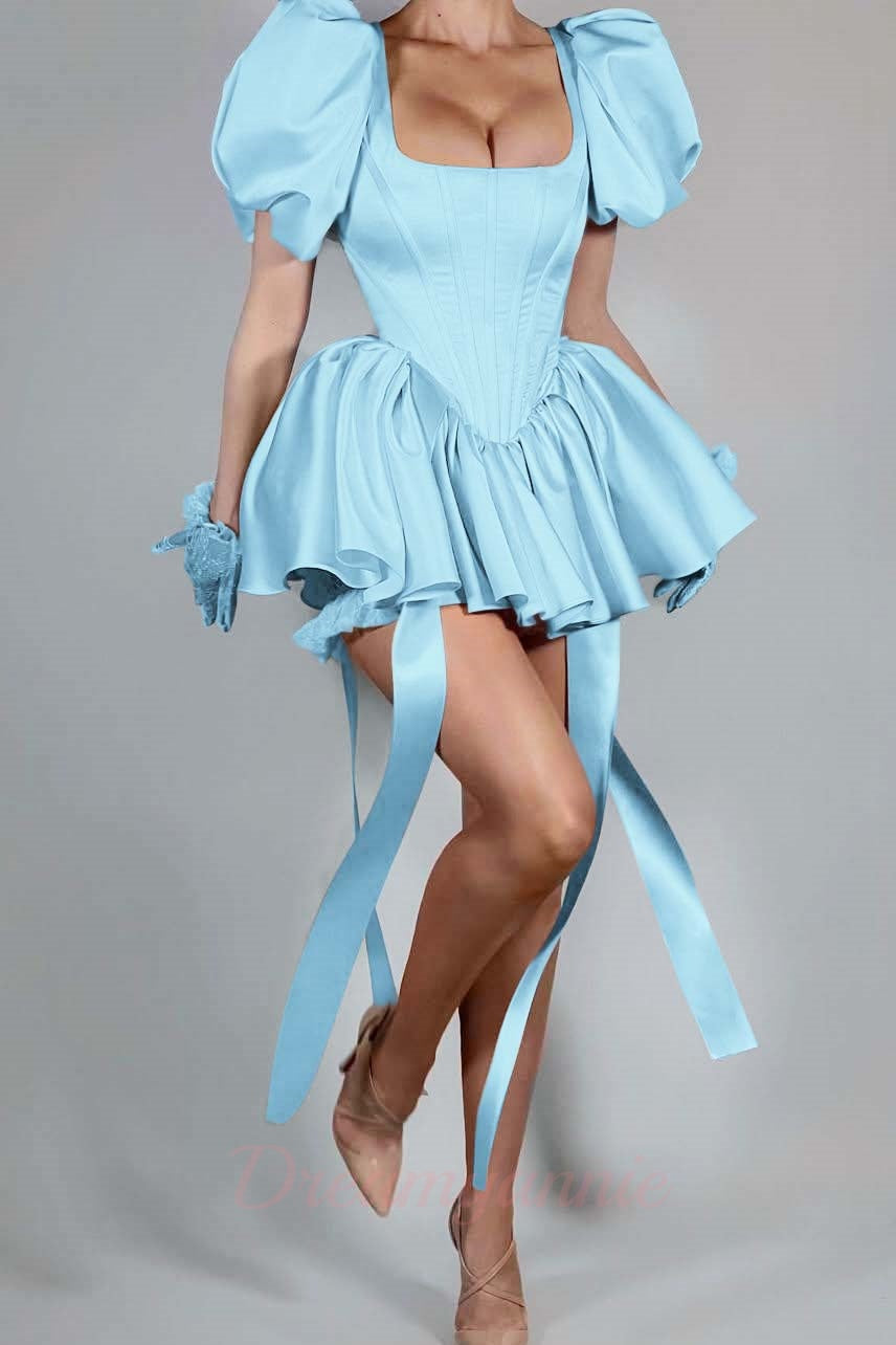 Dreamyannie Short Pink Homecoming Dress Satin Square Neck Puff Sleeves Cockail Dress