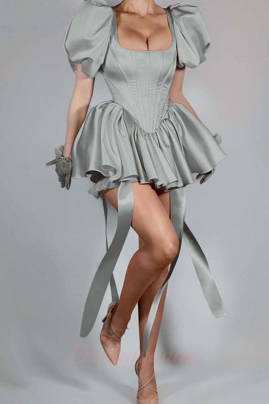 Dreamyannie Short Pink Homecoming Dress Satin Square Neck Puff Sleeves Cockail Dress