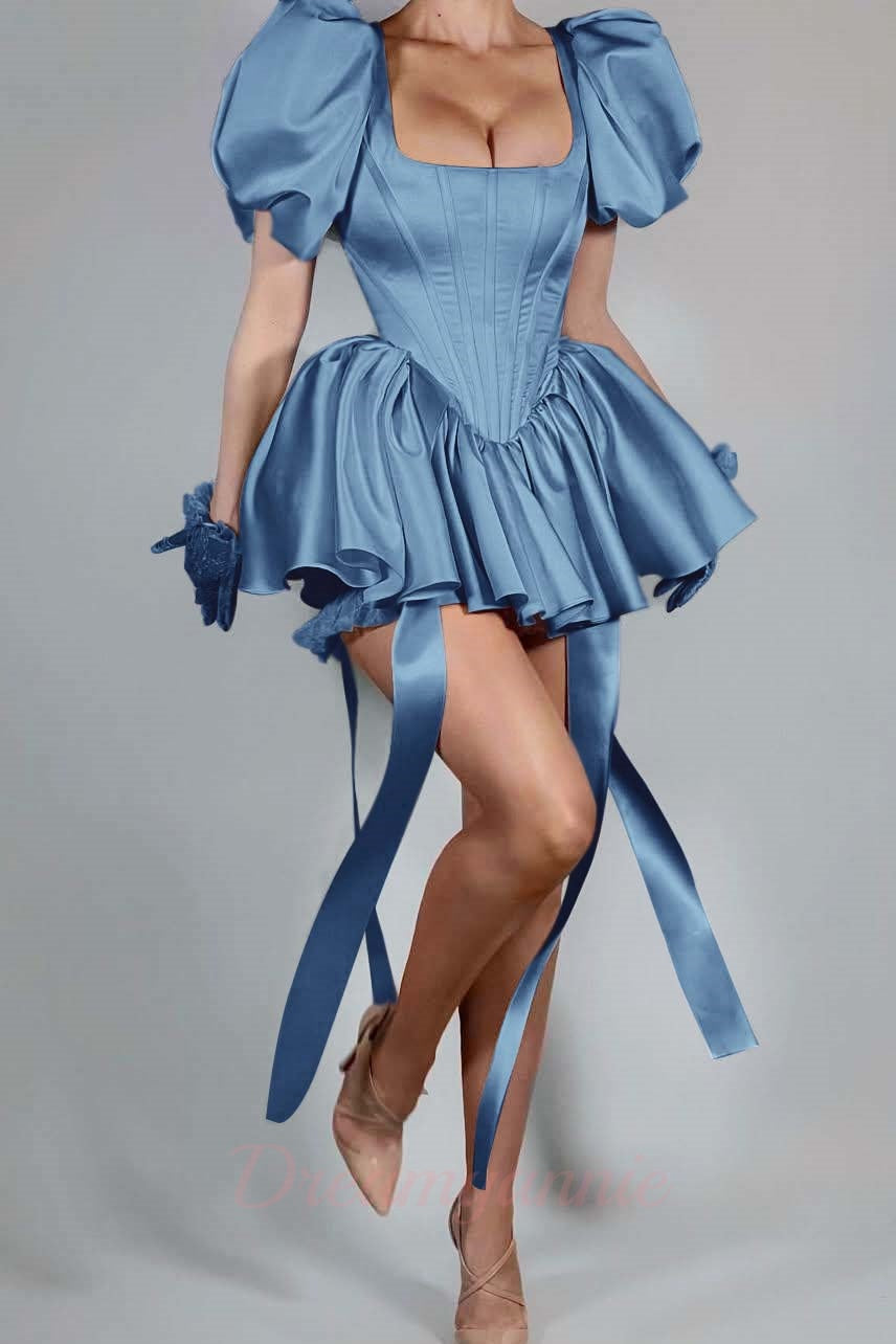 Dreamyannie Short Pink Homecoming Dress Satin Square Neck Puff Sleeves Cockail Dress