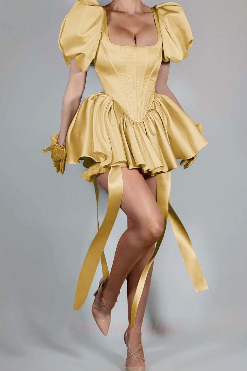 Dreamyannie Short Pink Homecoming Dress Satin Square Neck Puff Sleeves Cockail Dress