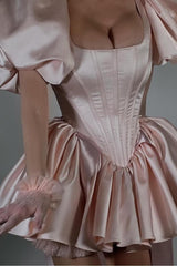 Dreamyannie Short Pink Homecoming Dress Satin Square Neck Puff Sleeves Cockail Dress