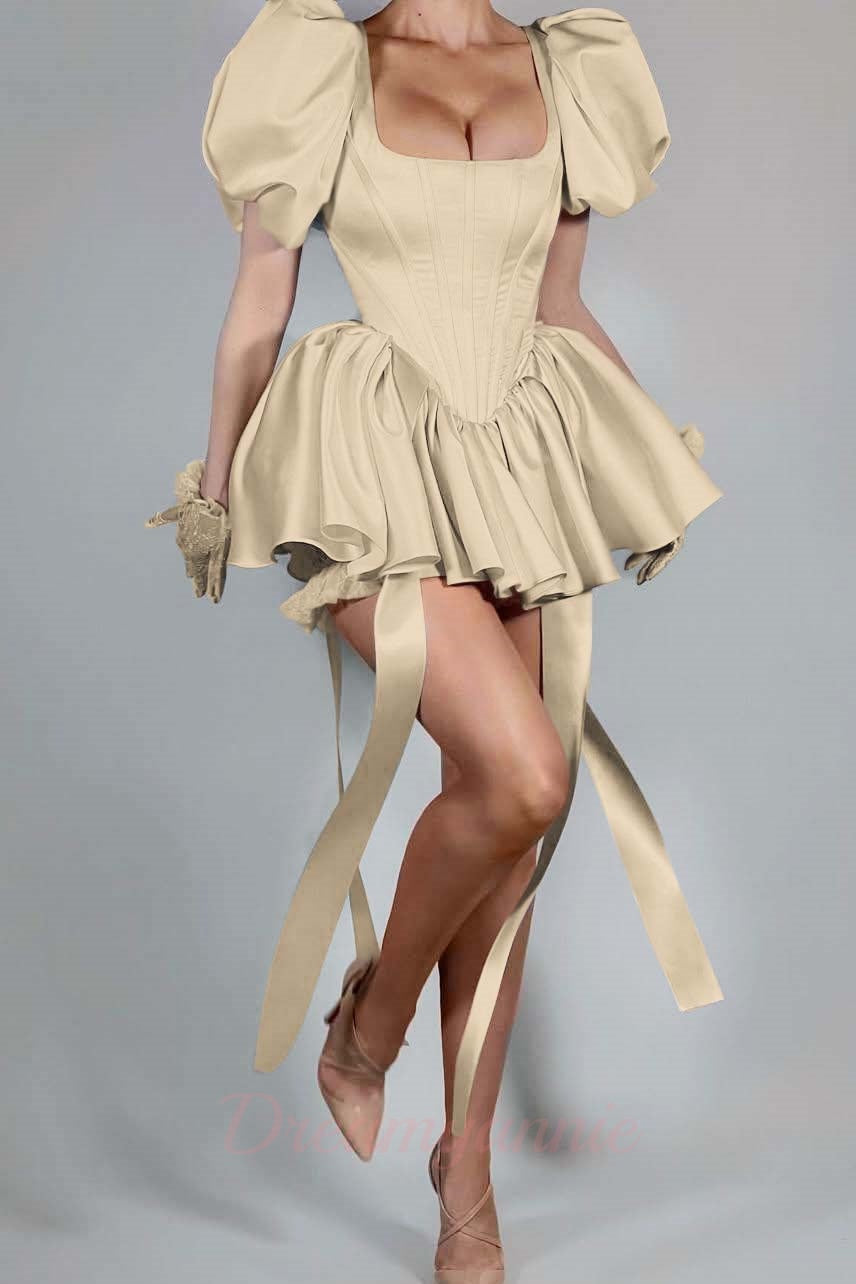 Dreamyannie Short Pink Homecoming Dress Satin Square Neck Puff Sleeves Cockail Dress