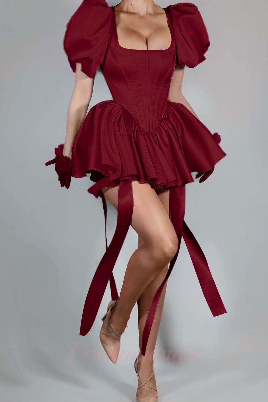 Dreamyannie Short Pink Homecoming Dress Satin Square Neck Puff Sleeves Cockail Dress