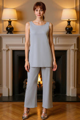 Dreamyannie Silver Chiffon Beaded 3 Piece Mother Of The Bride Pant Suits With Jacket