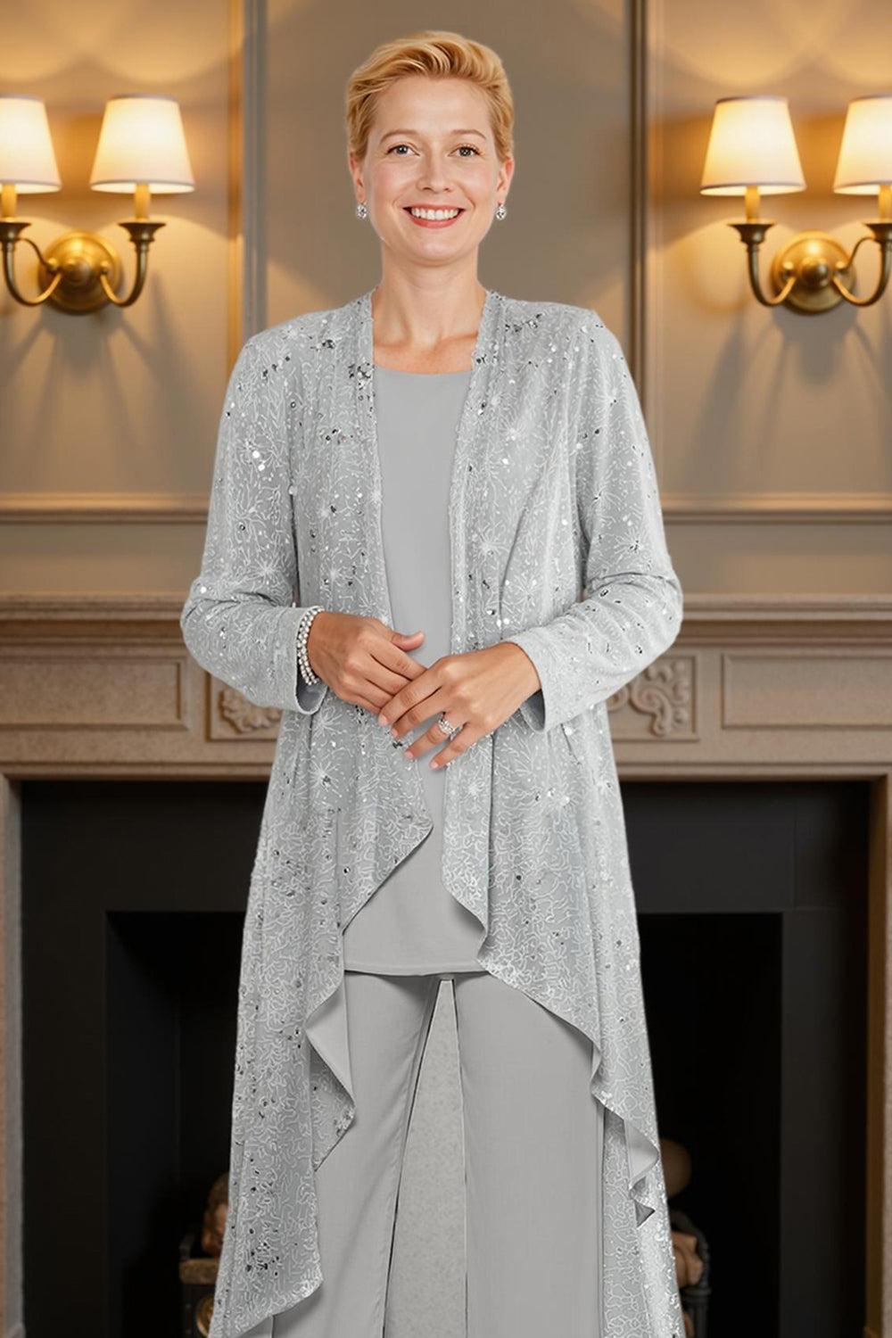 Dreamyannie Silver Chiffon Beaded 3 Piece Mother Of The Bride Pant Suits With Jacket