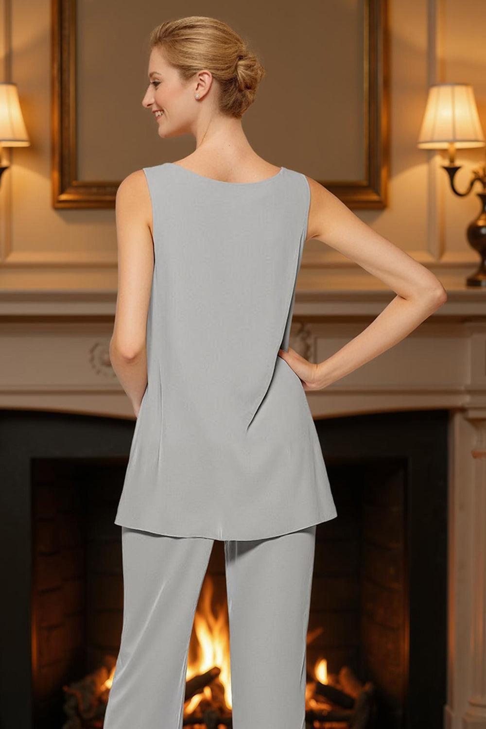 Dreamyannie Silver Chiffon Beaded 3 Piece Mother Of The Bride Pant Suits With Jacket