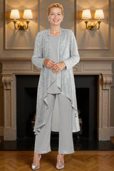 Dreamyannie Silver Chiffon Beaded 3 Piece Mother Of The Bride Pant Suits With Jacket