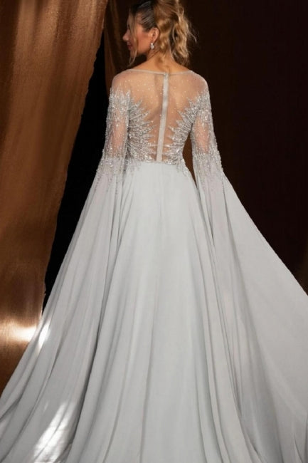 Dreamyannie Silver Prom Dress A Line Crew Beaded Sleeves Sweep Train Chiffon Formal Dress