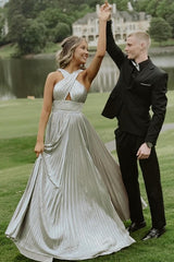 Dreamyannie Silver Prom Dress A Line Halter Pleated Formal Dress With Rhinestones