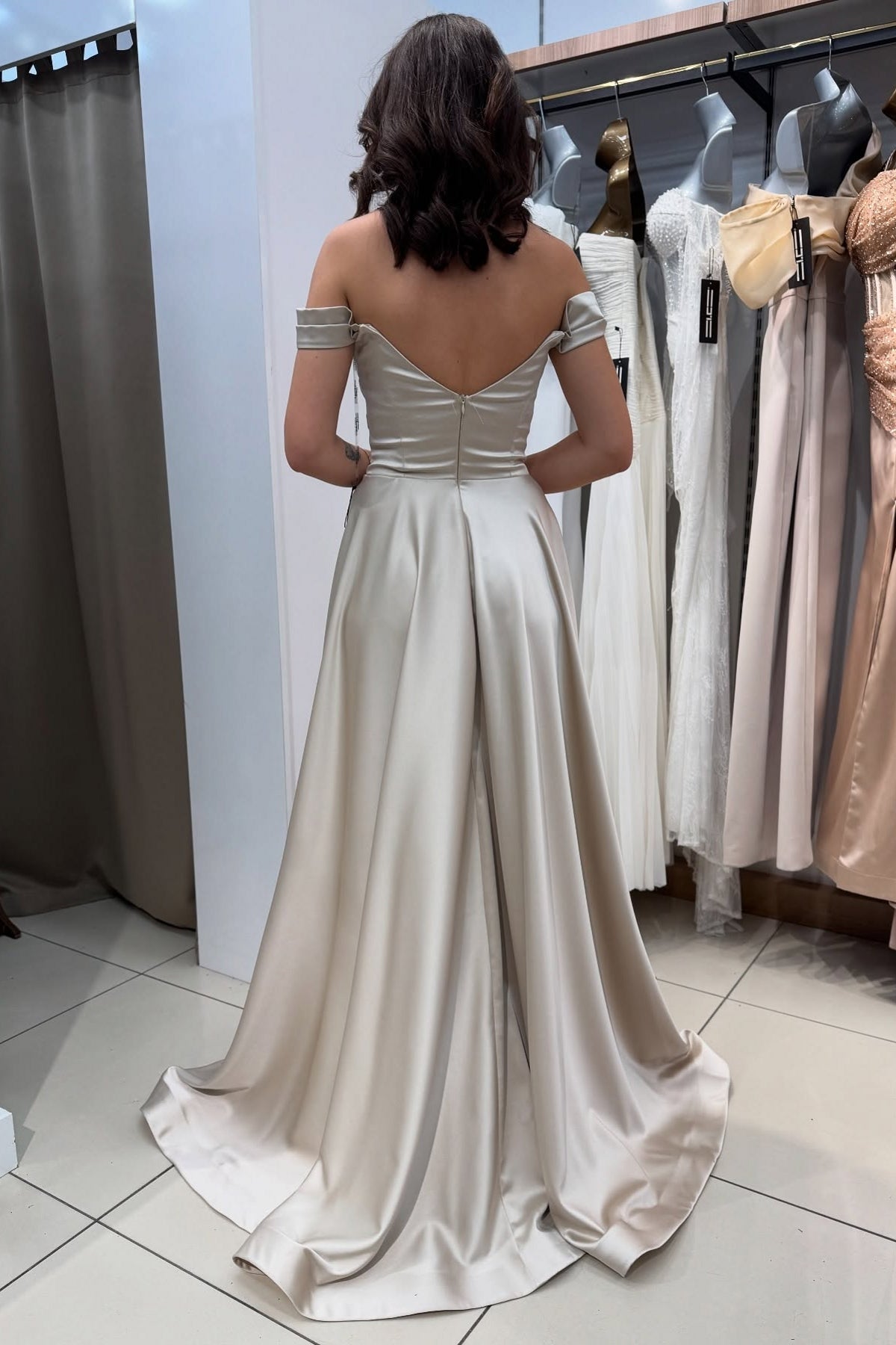 Dreamyannie Silver Prom Dress A Line Strapless Off The Shoulder Sleeveless Simple Satin Formal Dress With Slit