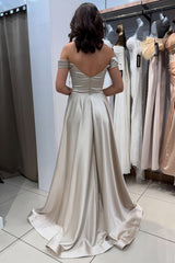 Dreamyannie Silver Prom Dress A Line Strapless Off The Shoulder Sleeveless Simple Satin Formal Dress With Slit