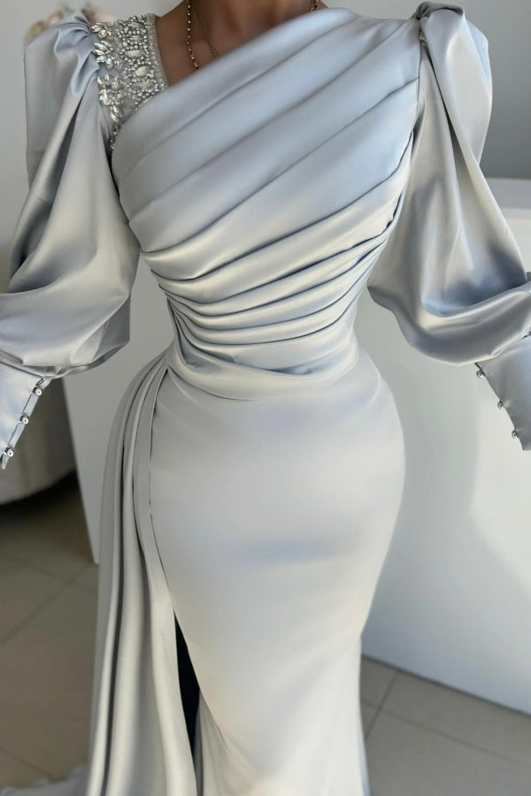 Dreamyannie Silver Prom Dress Mermaid Satin Pleated Sleeves Formal Dress With Side Slit