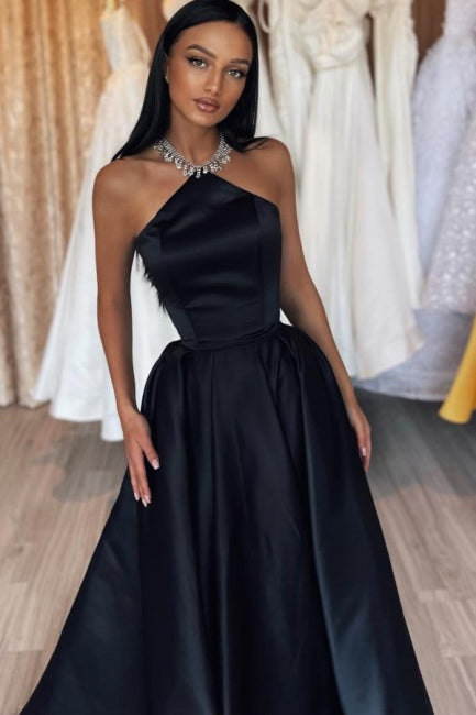 Dreamyannie Simple Black Prom Dress A Line Halter Satin Sleeveless Formal Dress